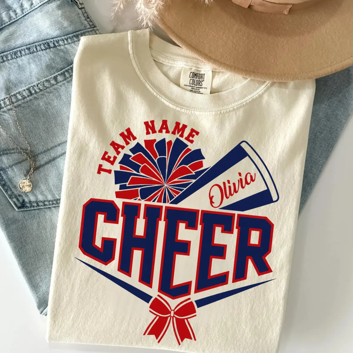 [NOTE TEAM & NAME] Comfort Colors Personalized Cheer Mascot Shirt, Custom Name Cheer Graphic Tee, Cheer Mom T-Shirt, Team Colors Cheer Squad Gift