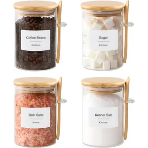 Sugar Jar Bath Salt Container - 17 oz Glass Jar with  Lid and Spoon, Sugar Cube Holder and Canister for Countertop, Glass Containers for Coffee Beans,  and Overnight Oats (4 Pack)