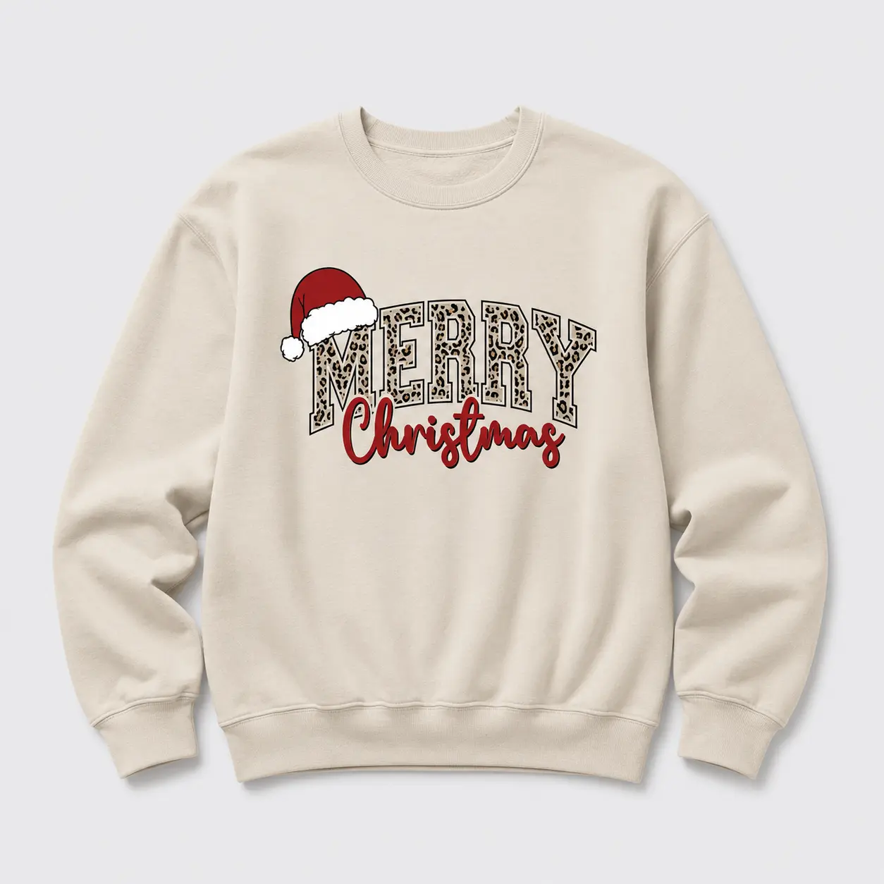 Merry Christmas Sweatshirt, Leopard Print Holiday Crewneck, Santa Hat Graphic, Festive Outfit For Women