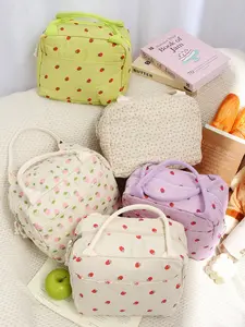 Strawberry Print Corduroy Lunch Bag, Insulated Food Storage Handbag, School Cooler Bag, Picnic Food Pouch, Portable Lunch Box, Cute Bento Bags, Corduroy Lunch Tote