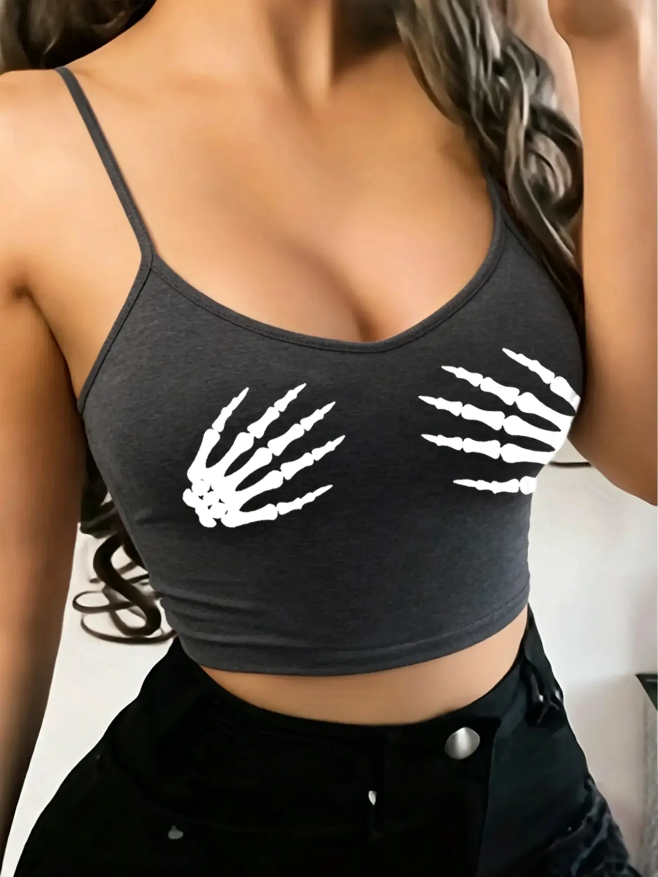 Skeleton Hand Graphic Crop Top for Women, Stretchy Basic Cami with Square Neckline, Edgy Streetwear Sleeveless Tank, Jeans, Pants, Baggy, Fabric, Comfortable, Cropped