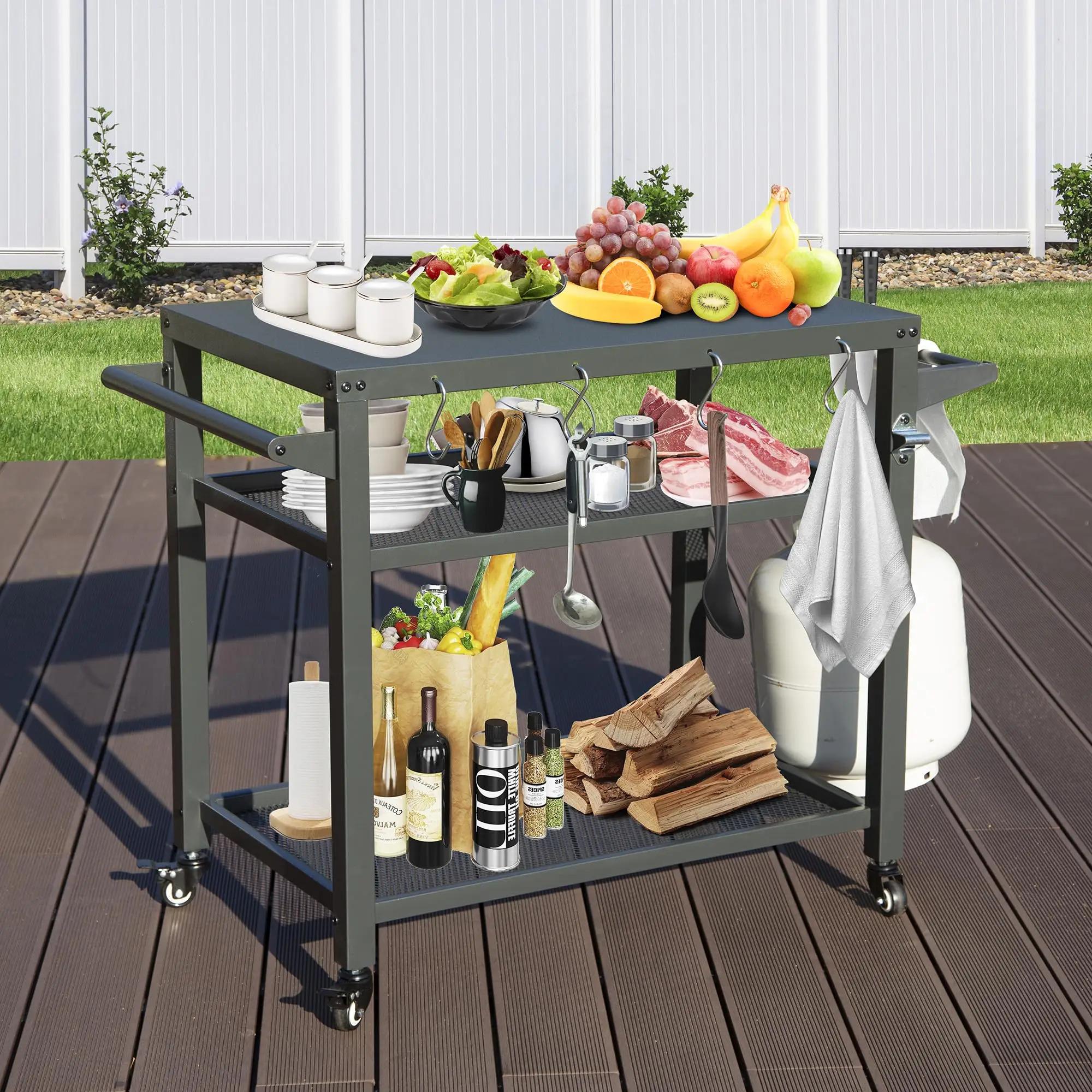 Moveable Outdoor Kitchen BBQ Worktable Trolley 42" W X 22" D 3 Storage Shelves Grill Cart Table Wheels Hooks for Food Parks