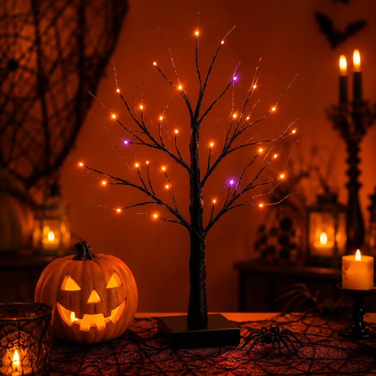Halloween Tree Lights 2-Piece Set - 24in, 24 LEDs, Spooky Orange & Purple Glow, USB+Battery Powered, Orange Light Decoration for Indoor Haunted Rooms, Fireplaces