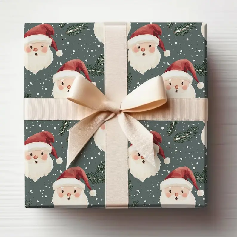 Black Santa Wrapping Paper Vintage Dark Santa Gift Wrap Roll, Vintage Santa Wrapping Paper Roll Glossy Santa Gift Wrap