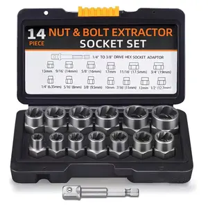 14-Piece Nut Remover Set, Includes 13 Bolt Nut Removal Tools, Pull Rod, 1/4 Inch to 3/8 Inch Hex Socket Adapter, Socket Wrench Set, Essential Tool Kit