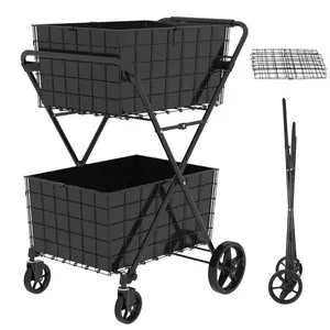 Extra Jumbo Shopping Cart,2 Layers Grocery Cart on Wheels, Foldable Utility Shopping Carts with Double Basket and 360 °   Rolling Swivel Wheels for Groceries Laundry