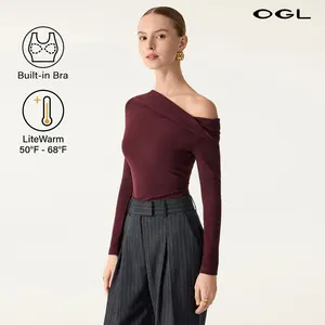 OGL Multi-wear Versatile Asymmetrical Neck Long Sleeve Brami Top with Removable Bra Pads Slim Fit Women's Blouse for Everyday Wear & Holiday Party valentine's day outfit SpringStatements