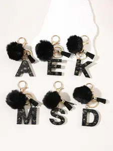 Women's Faux Fur Letter Trendy Cute Keychain A-Z Initial Charm Pendant, Elegant Resin Crystal Drip Design, Perfect Gift for Women & Girls