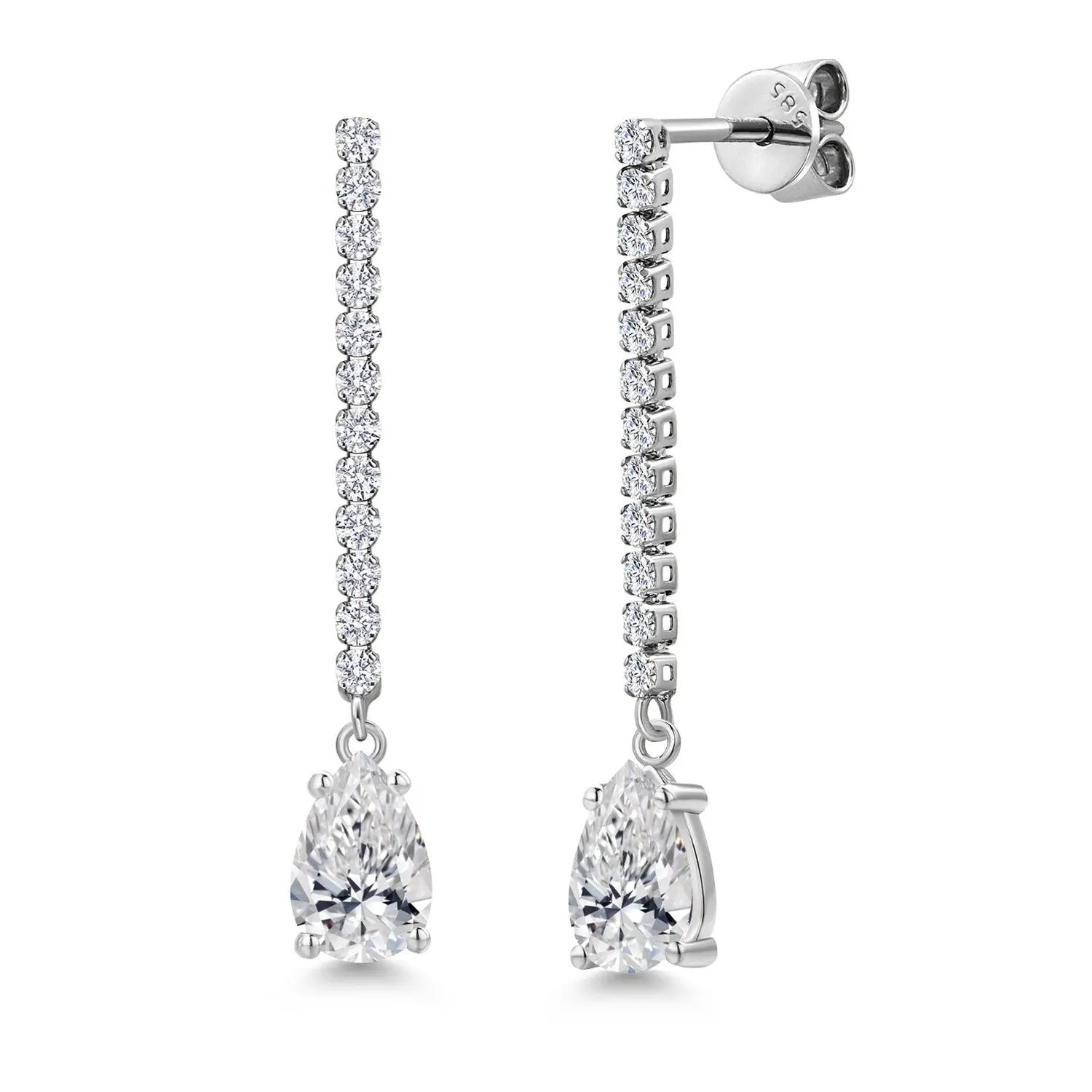 Gem Stone King 1.82 Cttw 14K White Gold White Lab Grown Diamond Long Liner Dangle Teardrop Earrings for Women | Pear Shape 8X5MM | F-G Color | VS1 Clarity | White Gold Chain Drop Earring