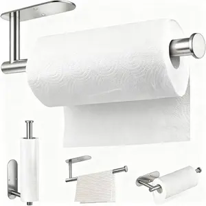 Punch-free paper towel holder under cabinet, self adhesive or drilling install, stainless steel paper towel rack, wall mount holder for kitchen bathroom sink pantry fridge side RV, space-saving towel roll organizer, rental friendly, no drilling damage