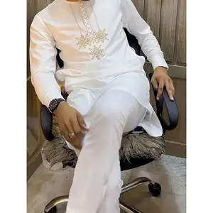 Men'S Dashiki Suit, Long Sleeve Embroidered Round Neck Zipper Split Hem Pants, 2pcs Casual Shirt and Trousers Set, All-Season New Collection, Street Style Party Wedding Attire, Black, Holiday Gift, Ramadan Present