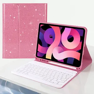 Glitter Case with Keyboard for iPad 11th Gen Air, Detachable Magnetic Bluetooth Keyboard Cover with Pencil Holder, Sparkly Folio Stand Leather Smart Shell for Girls/Students