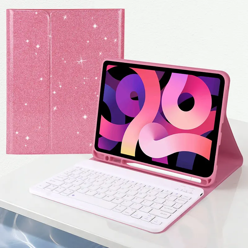 Glitter Case with Keyboard for iPad 11th Gen Air, Detachable Magnetic Bluetooth Keyboard Cover with Pencil Holder, Sparkly Folio Stand Leather Smart Shell for Girls/Students