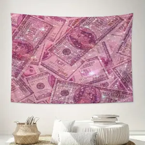 Sparkling Money Tapestry Wall Hanging - Glittering Pink Dollar Bill Design, Aesthetic Decor for Teen Girls' Bedroom, Dorm, or Living Room, Decorative Light