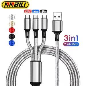 Nnbili 66w USB-C Fast Charging Cable, Durable Fabric Braided Design, Triple Port Micro Data Line for Phones & Tablets, High-Speed Charge Solution