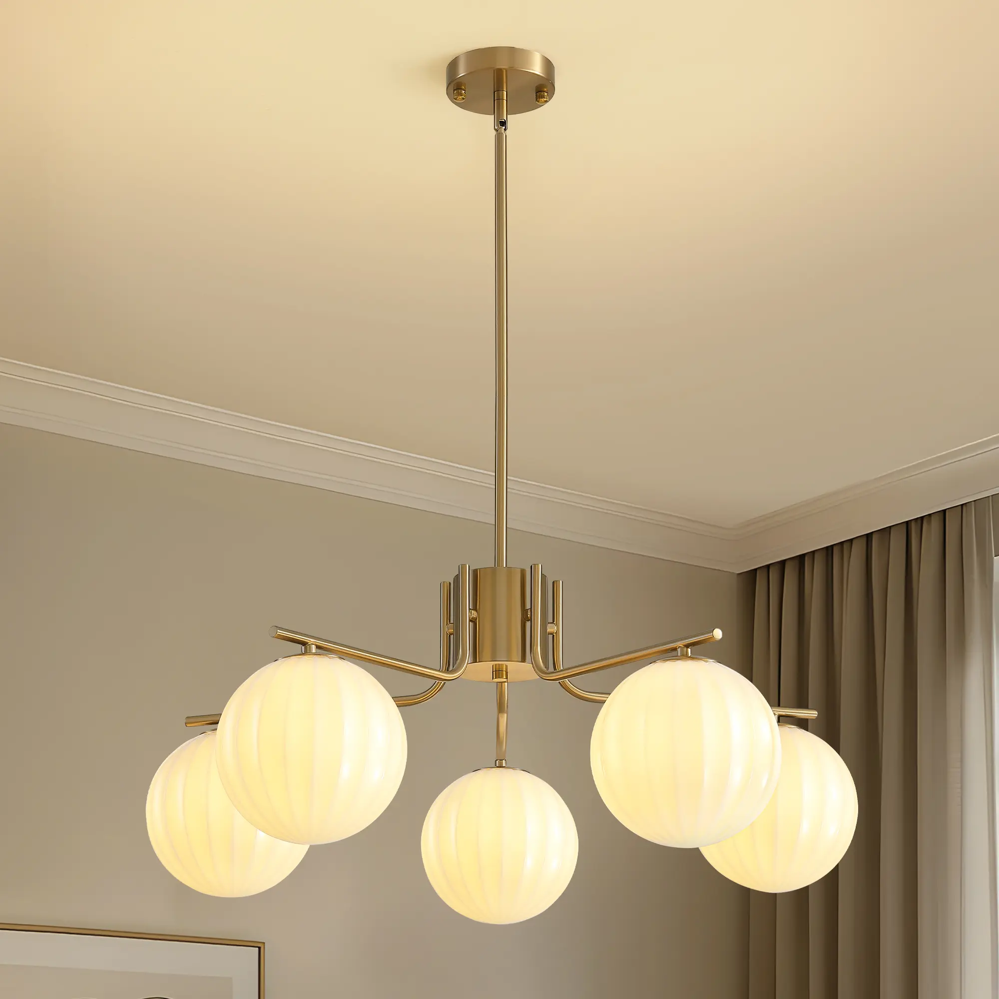 Modern Brass Gold Dimmable Globe Sputnik Pendant Light - 3-Lights 23.6in(80cm) Milk Glass Ball Fixture, 110-240V Worldwide Compatible, Picture-Matched Decorative Fixture for Dining Room, Foyer, Balcony, Warehouse