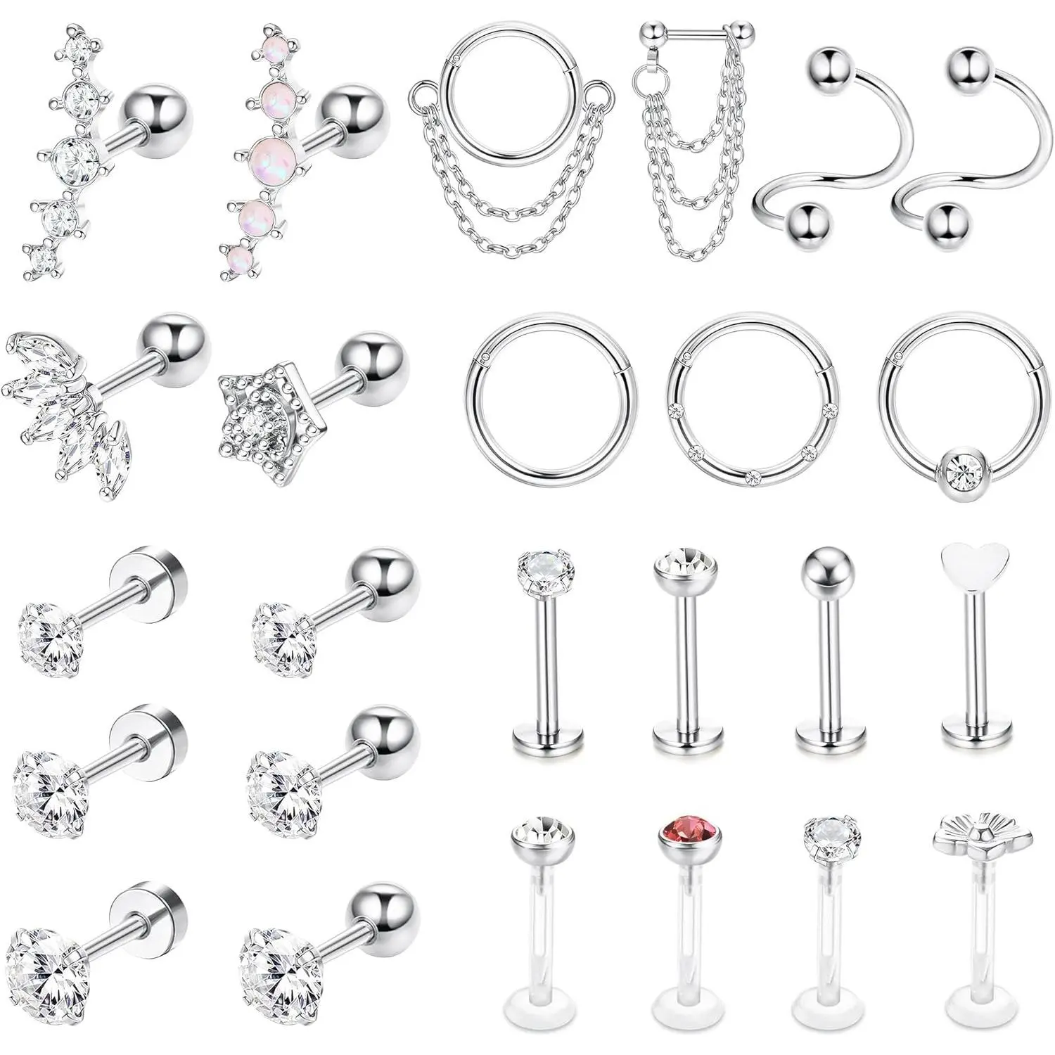 FASACCO 25-Count 16G Surgical Steel Earring Stacking Set - Flat Back, Helix, Conch Piercing Jewelry, Geometric/Round Stud, Hoop Daily Summer Accessories, Round Stud Earrings