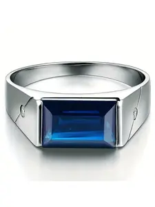 Men's Fashion Elegant Simple Square Blue Zircon Ring, Wedding Engagement Party Jewelry Gift, Business Style, 1pcs, Statement Ring