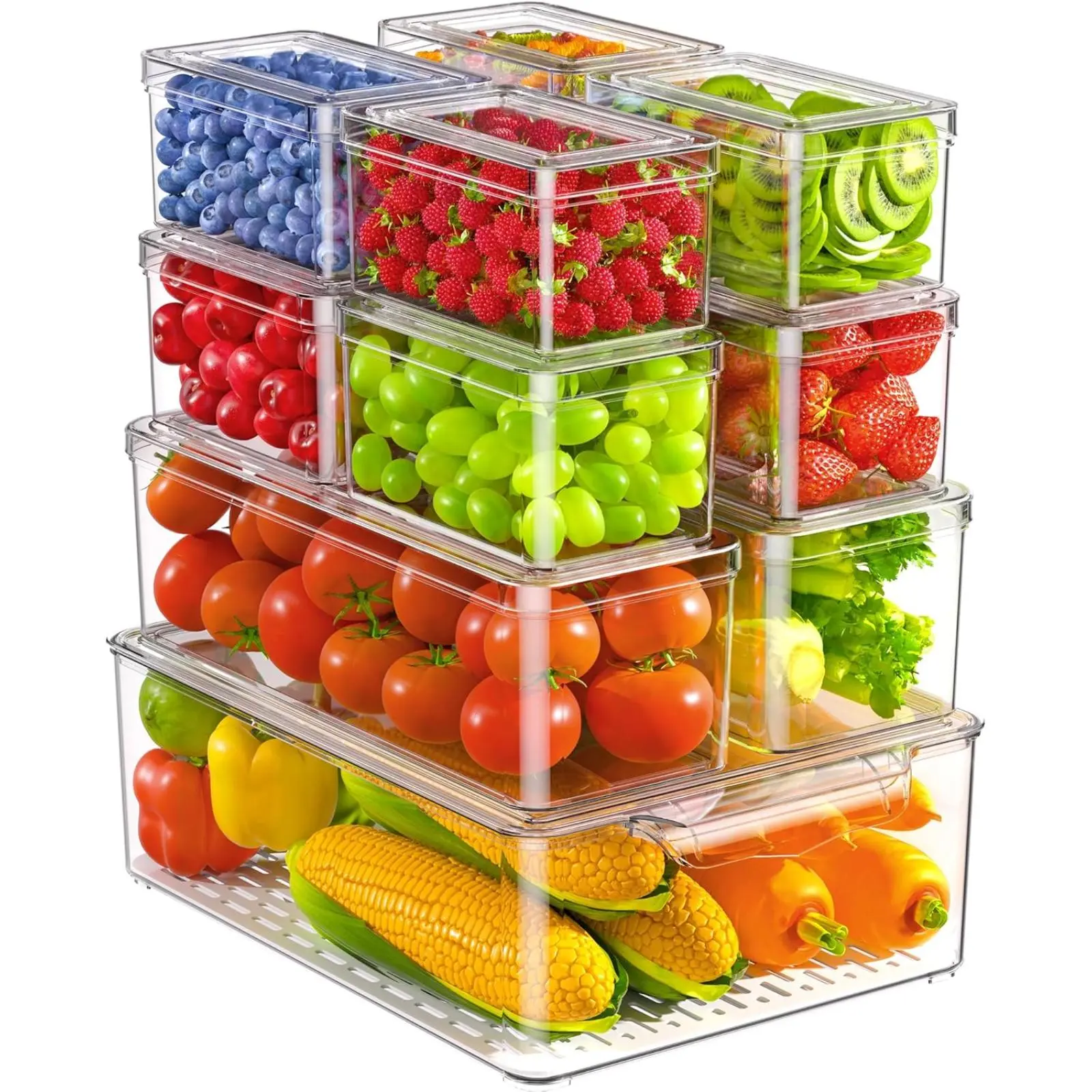 Smart Refrigerator Organizers 11 Pack BPA-Free Clear Plastic Storage Bins for Fruits Vegetables Meats Snacks Stackable Bins No Warranty