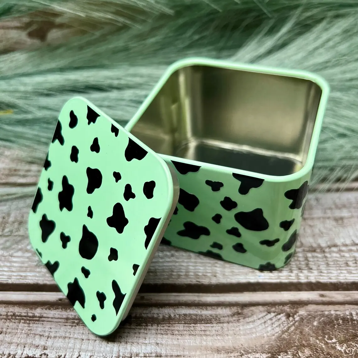 Mint Green Metal Cow Print Tin | Cow Print Tin Container