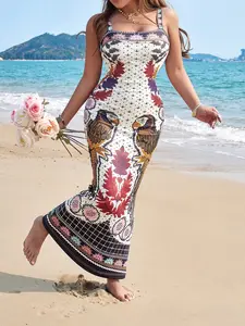 Women’s Summer Slim Fit Ditsy Floral Spaghetti Strap Backless Bohemian Style Beach Vacation Maxi Dress