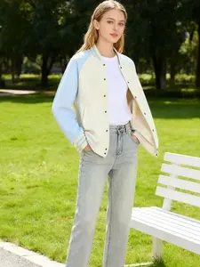 Women's Fashion Casual Patchwork Baseball Jacket, Preppy Style, Moderate Fabric Thickness, Perfect for Daily Wear & Outdoor Activities