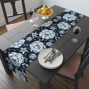 Blue Floral Table Runner (Cotton, Poly), Modern Table Runner