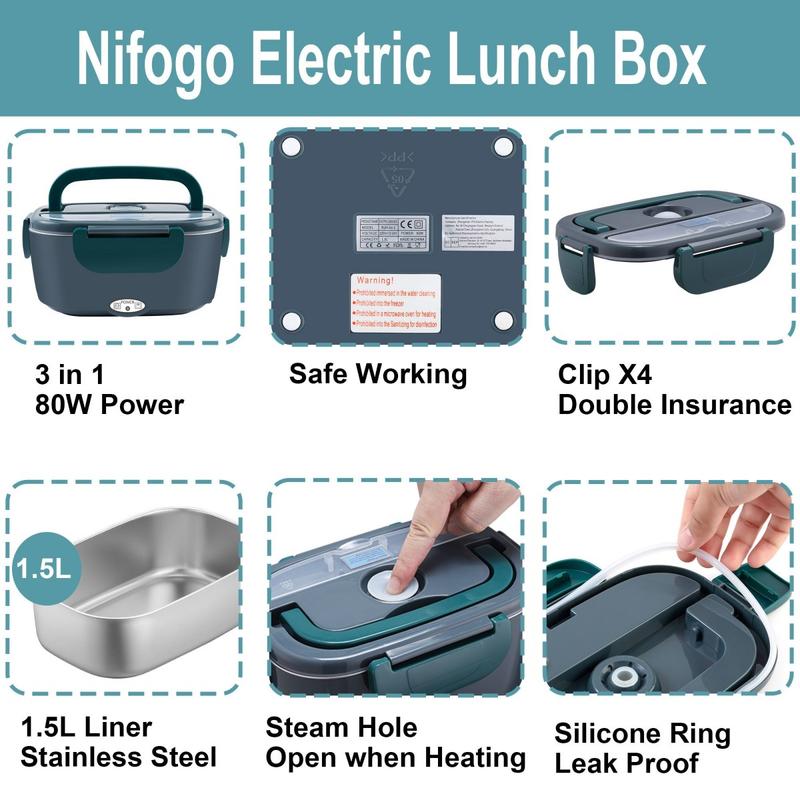 80W Fast Heating Nifogo Electric Lunch Box 1.8L Stainless Steel Double Layer Insulation Portable Display Screen 12V 24V 110V Square Black for Car Truck Office Construction Site