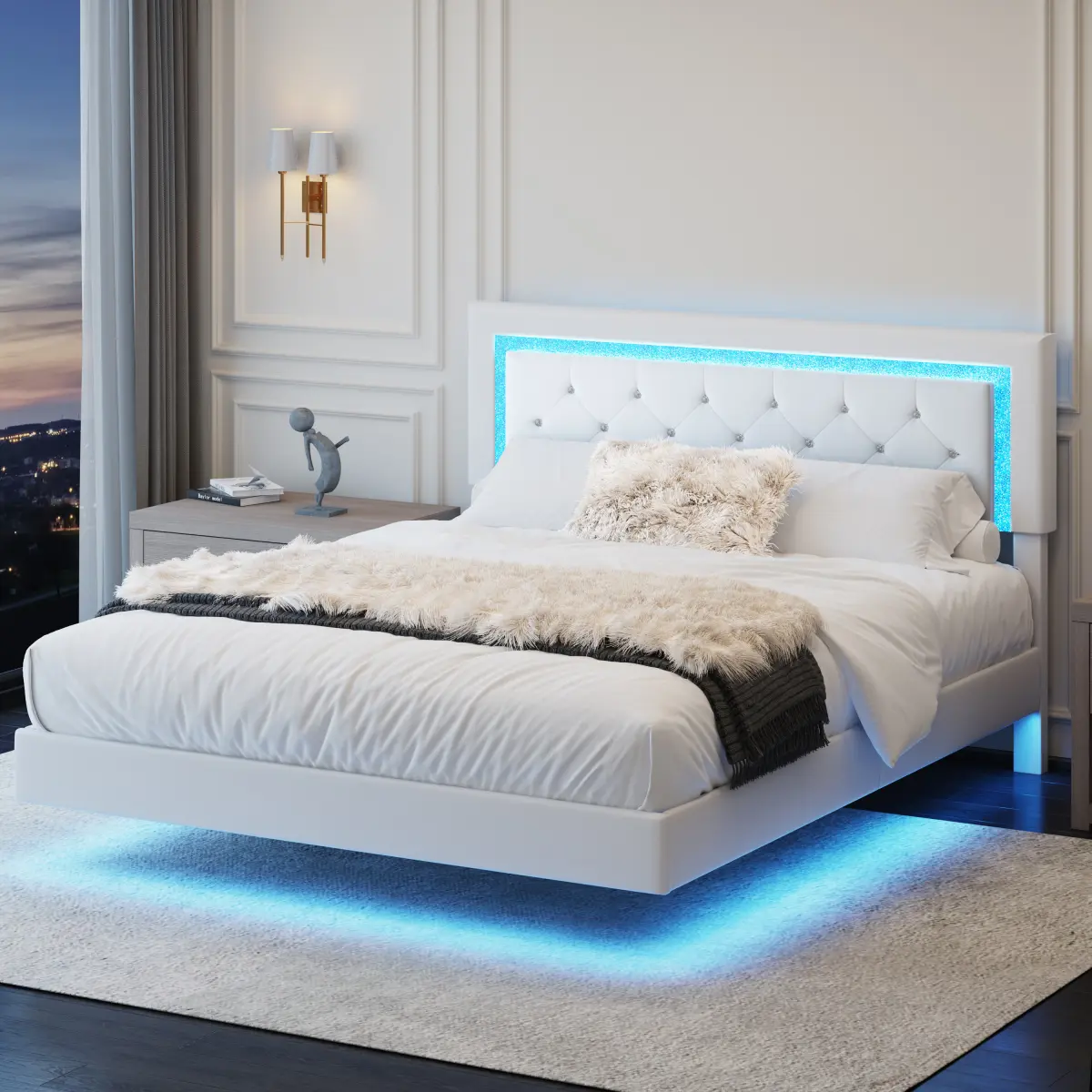 Queen Size Bed Frame with Headboard, Floating Queen Bed Frame with LED Lights, Upholstered Queen Platform Bed with Diamond Tufted Headboard, No Box Spring Required, Beige
