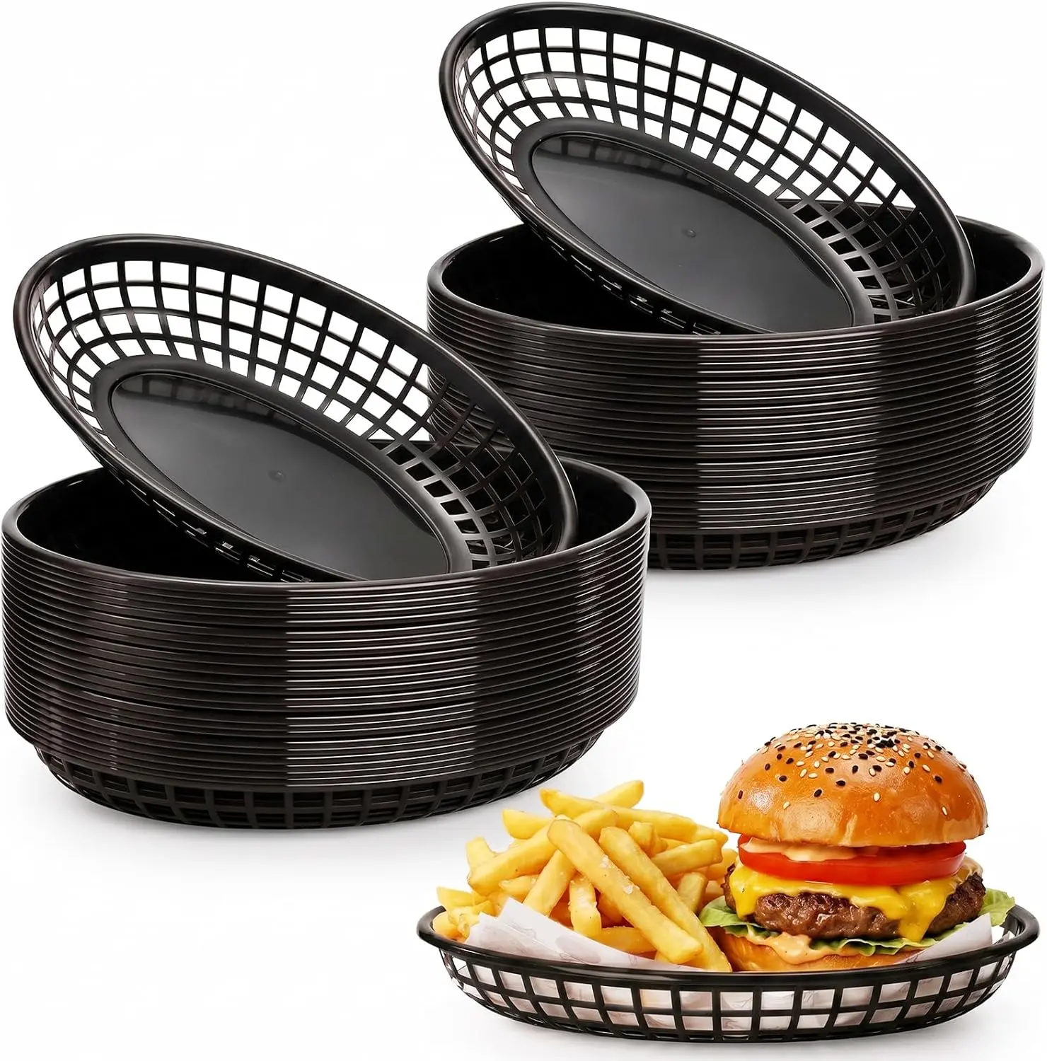 50 Pack Black Oval Fast Food Baskets, Food Serving Tray for Sandwiches, Burgers, Nachos, Fries, Hot Corn Dogs, Plastic Storage Basket Bin, 8-7/8 x 5-5/8 Inches