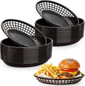 50 Pack Black Oval Fast Food Baskets, Food Serving Tray for Sandwiches, Burgers, Nachos, Fries, Hot Corn Dogs, Plastic Storage Basket Bin, 8-7/8 x 5-5/8 Inches