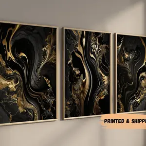 Black & Gold Wall Prints Marble Wall Printed art Set of 3 Black Bedroom Decor Black and Gold Wall Print Living Room Decorations Abstract Art #367