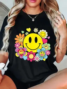 100% Cotton Retro Smile Face Flower Happy Face Flowers Heart Girls T-Shirt