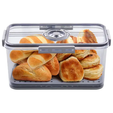 Gray Airtight Sealed Kitchen Countertop Bread Box - 7.45L, 12x6.2x6.1in Rectangle, 2.2lbs, Solid Snap Lid, Time Record, Transparent Multifunctional Preserving Box, Leakproof Sealed Food Storage Container for Homemade Bread, Bagels，Holiday Gift for Kitchen