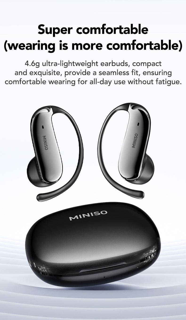 MINISO MS218 Open Ear Bluetooth Headphones, Translator Earbuds with 134 Languages, Active Noise Cancelling, 3D Spatial Audio, Comfortable Titanium Alloy Earhooks for Work, Travel, Sports