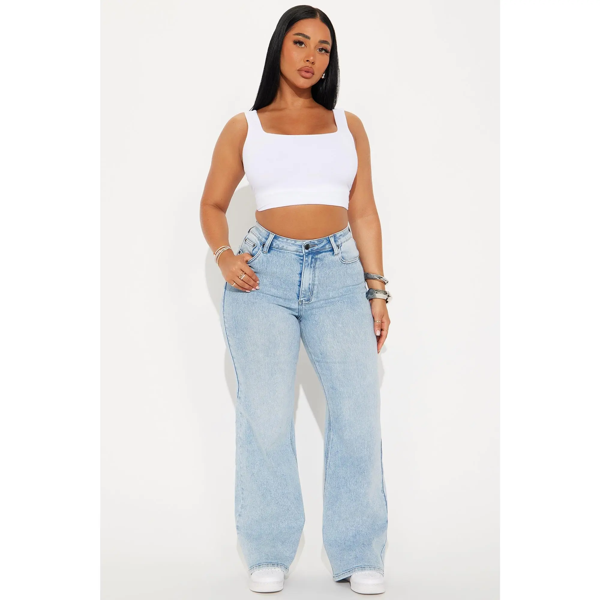 Petite Make My Day Stretch Wide Leg Jeans - Light Wash
