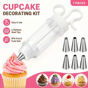 Plastic Cake Decorating Gun Bakeware - 6 Stainless Steel Tips Cupcake Icing Piping Kit, Easy-Fill Injector for Cupcakes, Cookies, White, No-Mess Professional Results