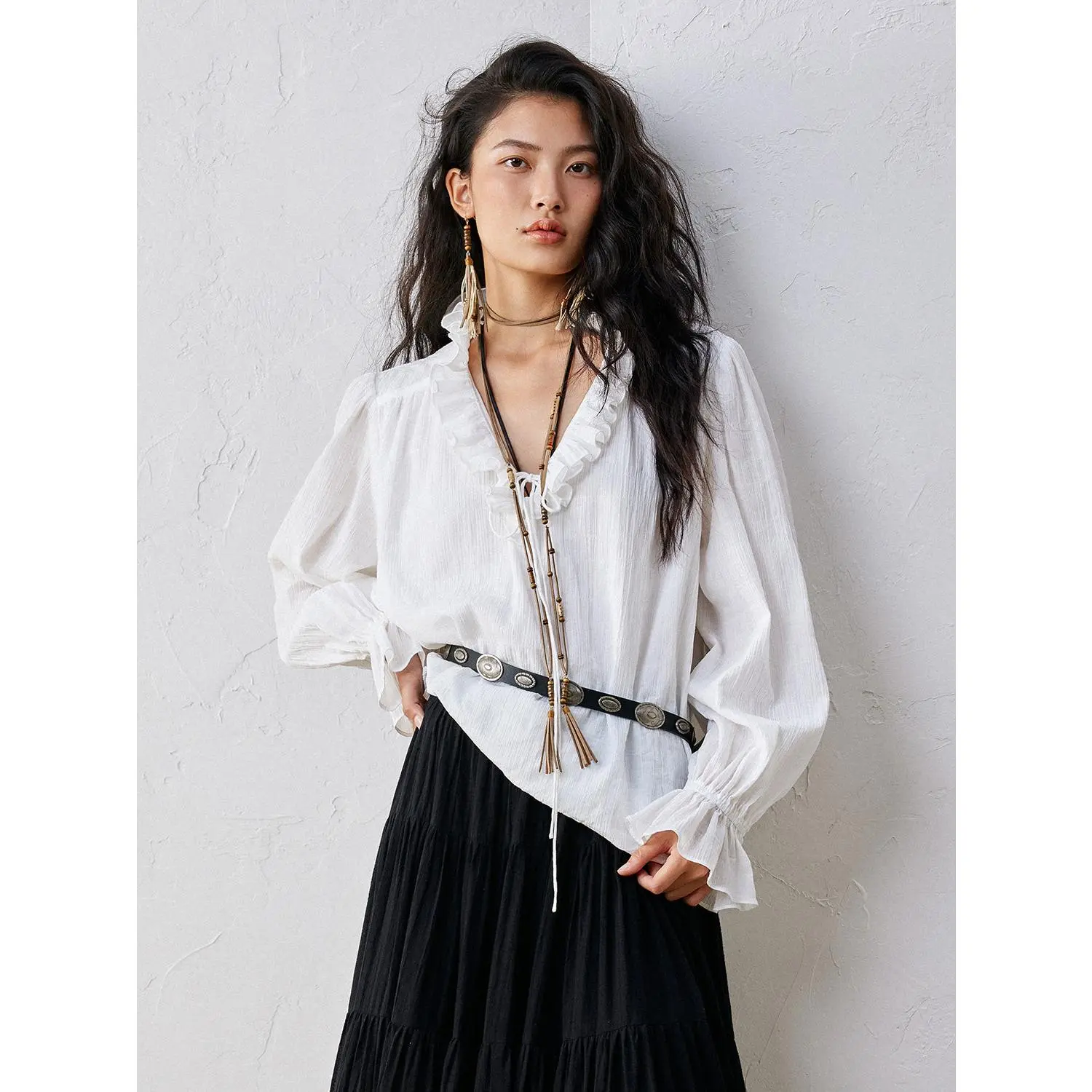 Women's Korean Style Tie-Front Blouse in Stretchy Cotton-Blend - Long Sleeve Top for Office OOTD, Going Out & Casual Chic Style Inspo, Shirts