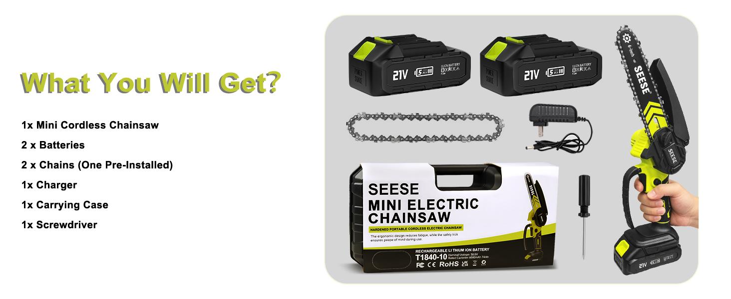 【SummerVibes】SEESE Brushless Mini ChainSaw Oil System- Portable Electric Cordless Saw for Wood Cutting, Batteries (2000mAh) ,Pruning, Gardening, Camping - Suitable for Seniors, Women Holiday gifts