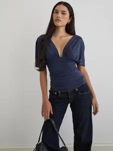 Elegant Deep V Neck Batwing Sleeve Top, Front Pleated Waist Design, Back Big V Gathered Detail, Slimming Fit Commuter Short Tee, Chic, Womenswear