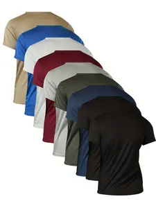 9-Piece Set Solid Color Round Neck Short Sleeve T-Shirts, Durable Heavyweight Gym & Outdoor Sports Tees, All-Season Comfortable Shirt