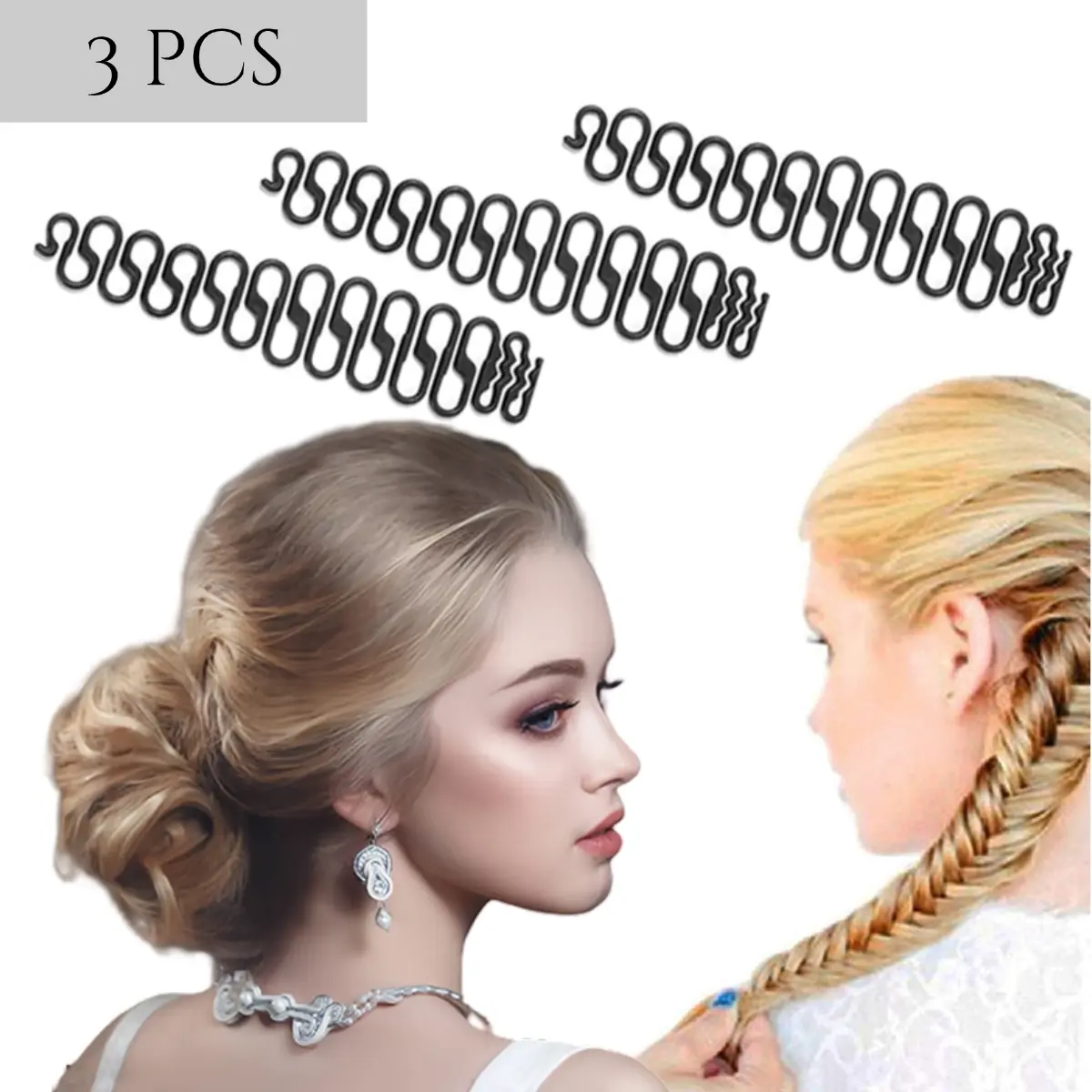 Women's Heatless QuickStyle Magic Rollers - 3 Pcs Hooked Tool Set (3 x Braiding Tool) with Black DIY Bun Maker, Vintage Haircare for Girls, Fine/Thick Hair, Party Use, Brings You a New Hair Style