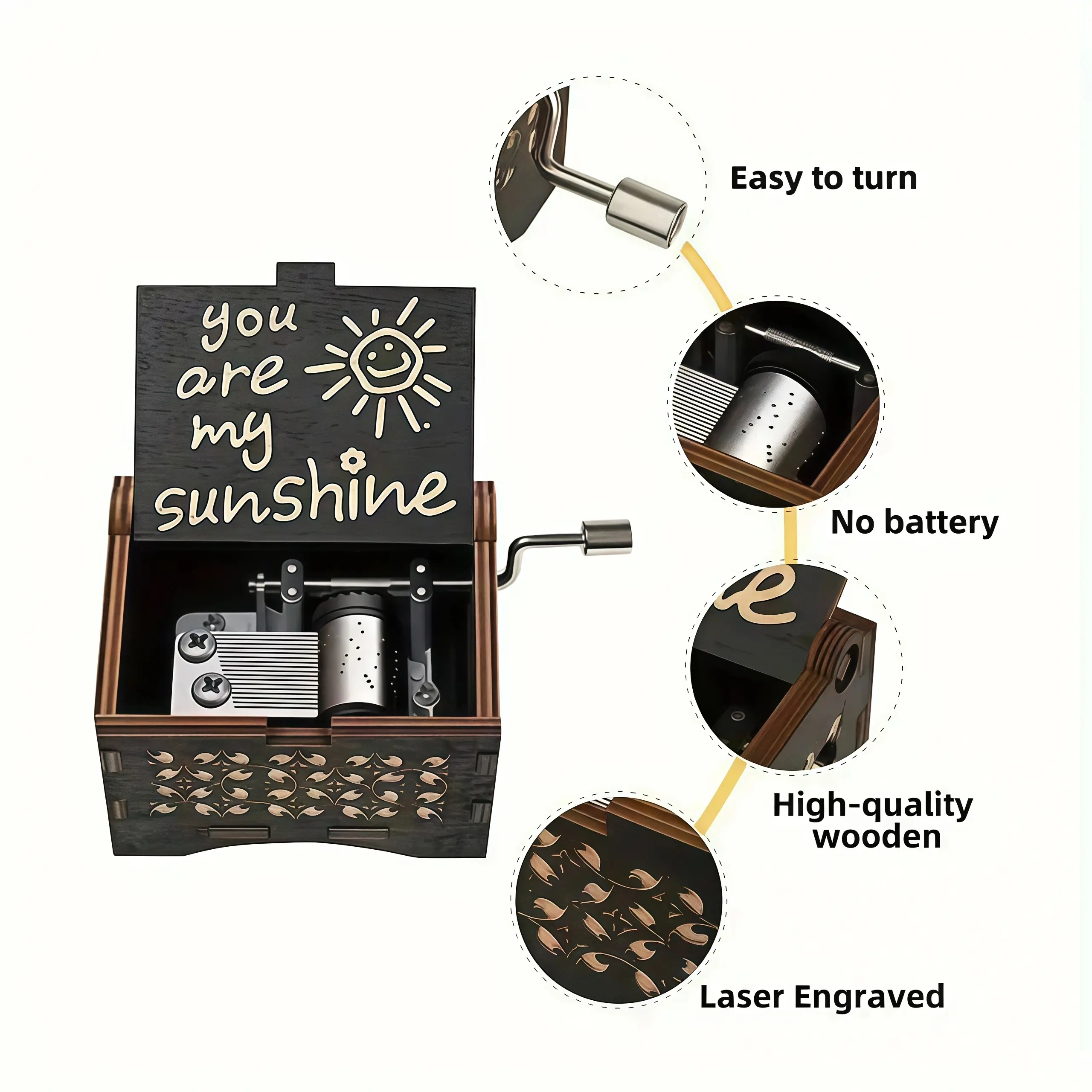 You Are My Sunshine” Hand Crank Wooden Music Box – Vintage Laser
