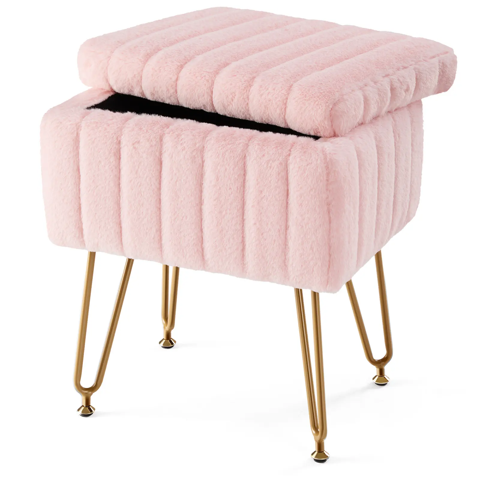 Vanity Stool Chair with Storage, Ottoman Faux Fur Soft Padded Makeup Footstools Seat with 4 Metal Legs Anti-Slip Adjustable Feet