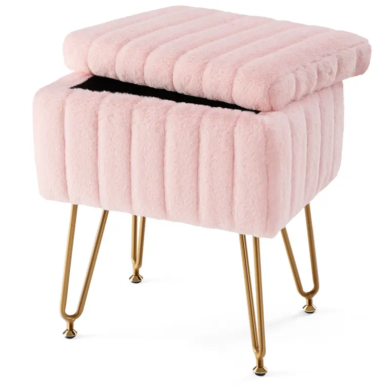 Vanity Stool Chair with Storage, Ottoman Faux Fur Soft Padded Makeup Footstools Seat with 4 Metal Legs Anti-Slip Adjustable Feet