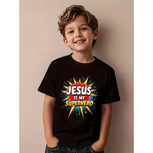 a Jesus Is My Superhero Boys' Christian T-Shirt - Casual Round Neck Tee with Jesus Print, Breathable Summer Church Outfit for Boys Under 12 Years Old, Christian Apparel