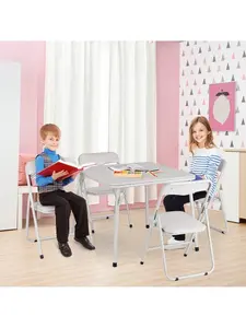 Beige - 5 Piece Foldable Table And Chair Set, Portable Upholstered Card Table And Chair, Metal Frame Folding Children Activity's Table And Chair Set For Dining Room, Playroom, Living Room