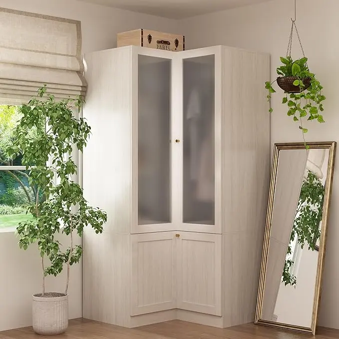 FUFU&GAGA Modern Bedroom Wooden L-Shape Armoire Wardrobe Closet - Warm Grey Furniture with Frosted Glass Doors, Hanging Bars, and Shelves for Indoor Storage Space