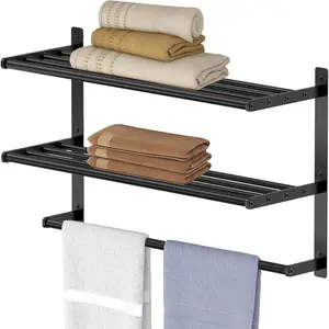 Hotel Towel Racks for Bathroom Wall Mounted, 24 Inch Towel Shelf for Bathroom, 3-Tier Bathroom Towel Rack with Tower Bars, Matte Black
