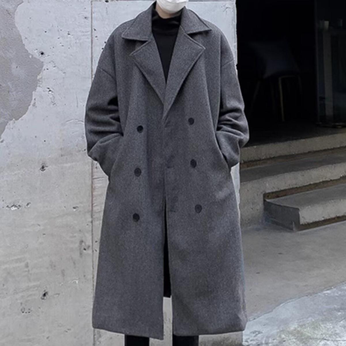 Men's Solid Button Front Lapel Neck Midi Coat, Regular Fit Casual Long Sleeve Outerwear for Fall & Winter, Men's Clothes for Daily Wear, Menswear, Jackets, Tops, Trench, Gamis, Plain